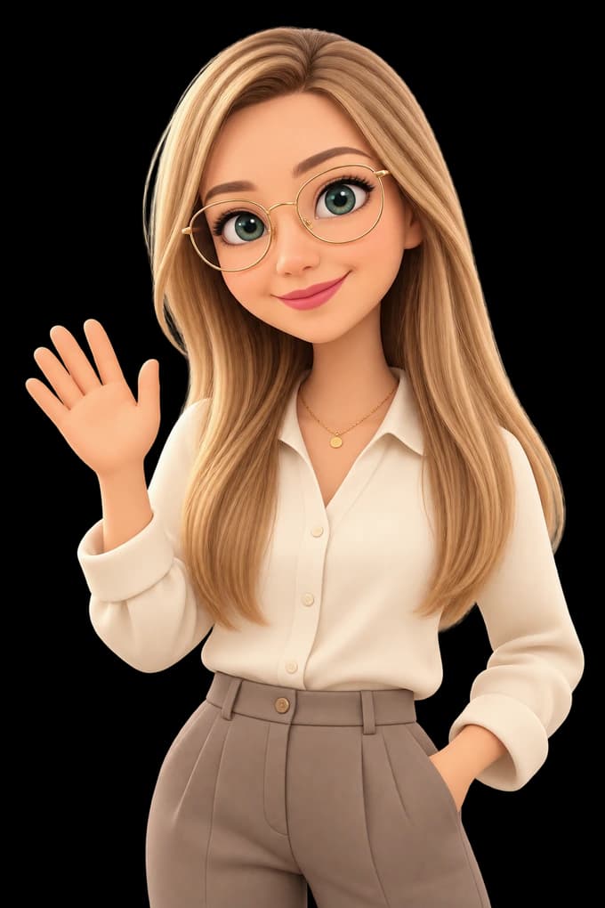 3D ilustracija Katje z dolgimi svetlimi lasmi in očali, ki prijazno pozdravlja